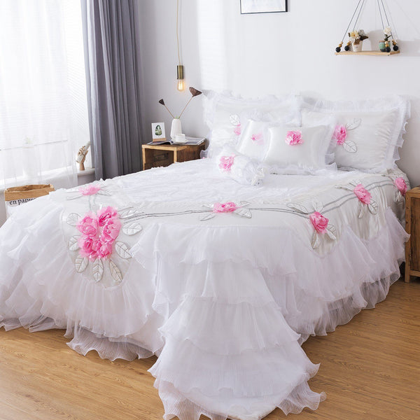 tache home fashion Tache Ruffle Floral Lace Satin White Pink Luxury Delicate Rose Comforter Set (MA125)