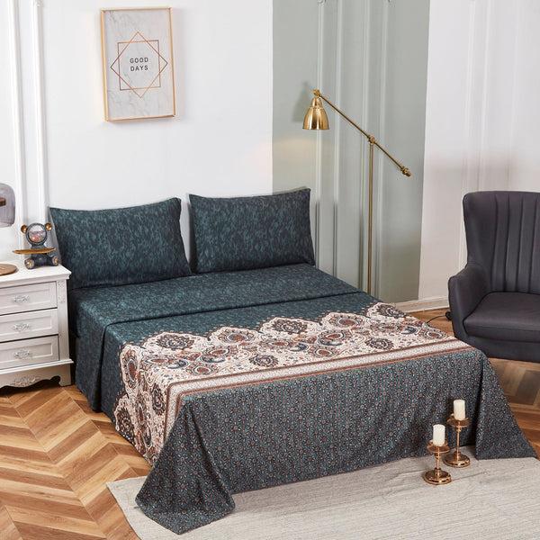 Tache Home Fashion Tache Rustic Paisley Mandala Palace Floral Watercolor Dark Teal Fitted Sheet Flat Sheet (KF174)