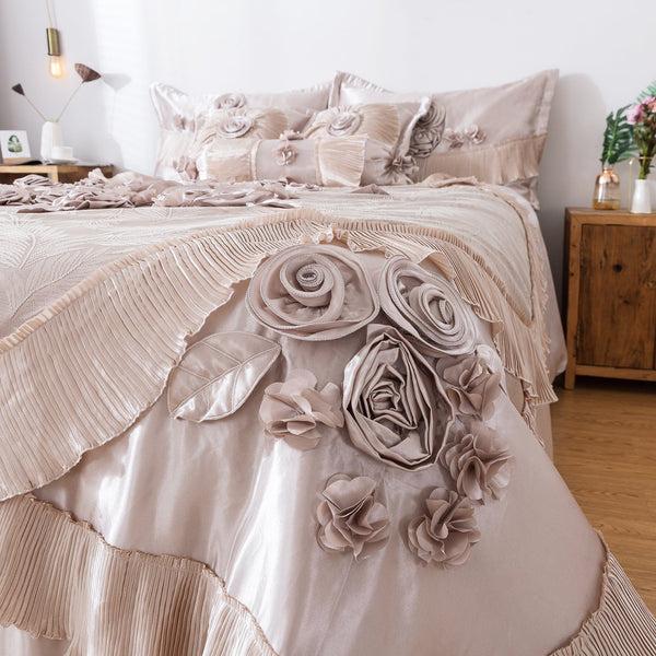 Tache Home Fashion Tache Satin Floral Lace Ruffle Crème Beige Sweet Victorian Luxurious Comforter Set (MZ002C)
