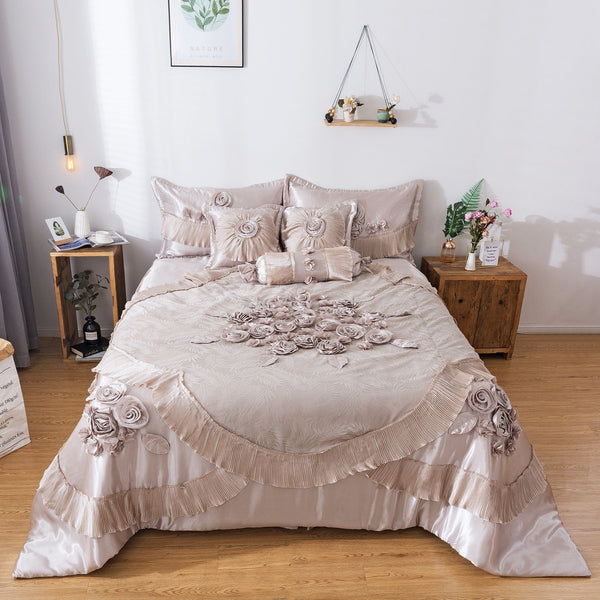 tache home fashion Tache Satin Floral Lace Ruffle Crème Beige Sweet Victorian Luxurious Comforter Set (MZ002C)