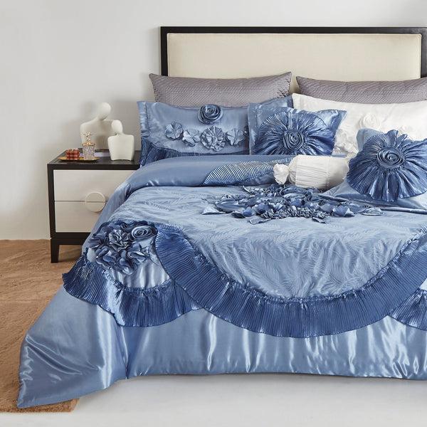 Tache Home Fashion Tache Satin Floral Lace Ruffle Sweet Victorian Luxurious Blue Comforter Set (MZ002B)