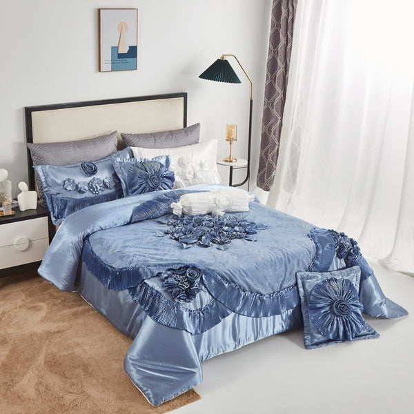 Tache Home Fashion Tache Satin Floral Lace Ruffle Sweet Victorian Luxurious Blue Comforter Set (MZ002B)