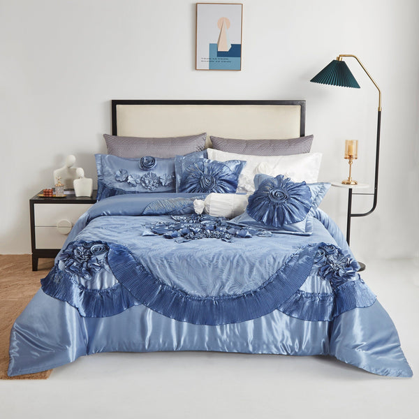 tache home fashion Tache Satin Floral Lace Ruffle Sweet Victorian Luxurious Blue Comforter Set (MZ002B)