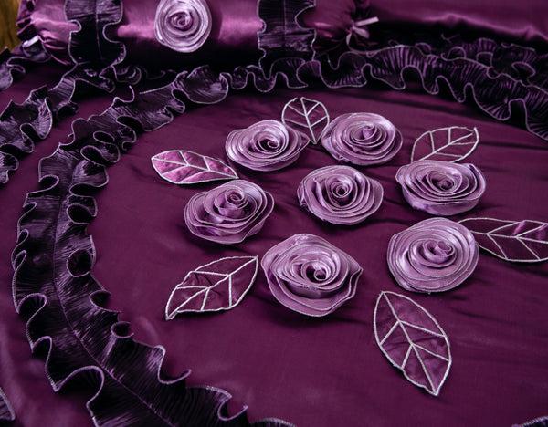 Tache Home Fashion Tache Satin Ruffle Dark Purple Floral Midnight Bloom Comforter (BM-6438)