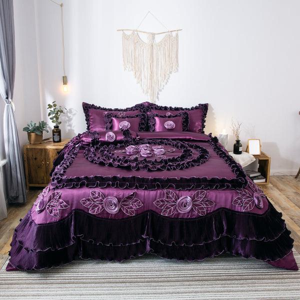 Tache Home Fashion Tache Satin Ruffle Dark Purple Floral Midnight Bloom Comforter (BM-6438)