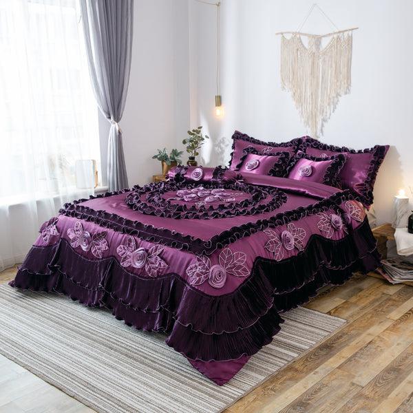 Tache Home Fashion Tache Satin Ruffle Dark Purple Floral Midnight Bloom Comforter (BM-6438)