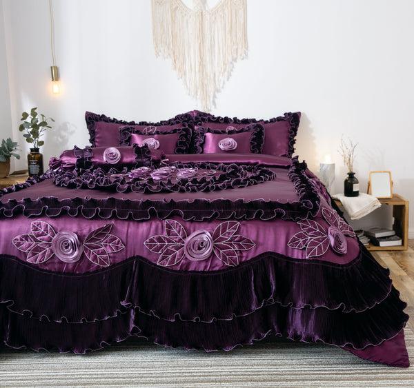 tache home fashion Tache Satin Ruffle Dark Purple Floral Midnight Bloom Comforter (BM-6438)