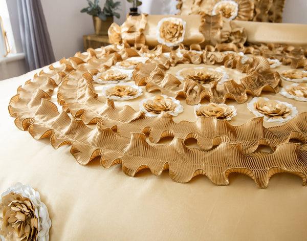 Tache Home Fashion Tache Satin Ruffle Floral Gold Caramel Latte Comforter (BM4578)