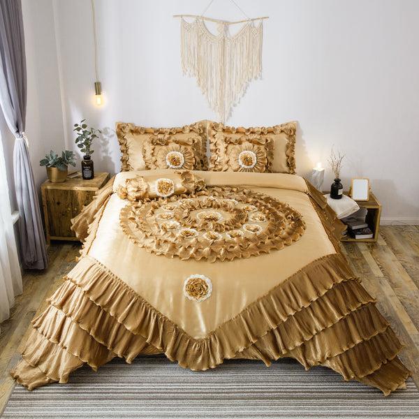 Tache Home Fashion Tache Satin Ruffle Floral Gold Caramel Latte Comforter (BM4578)