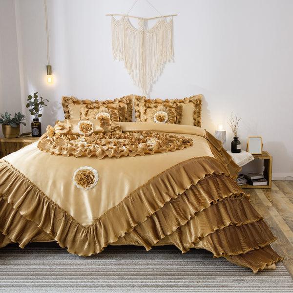 tache home fashion Tache Satin Ruffle Floral Gold Caramel Latte Comforter (BM4578)