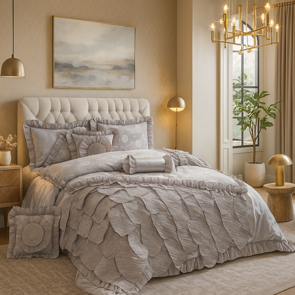 tache home fashion Tache Satin Ruffle Floral Lace Silver Rose Petals Comforter Set (HYZ102)