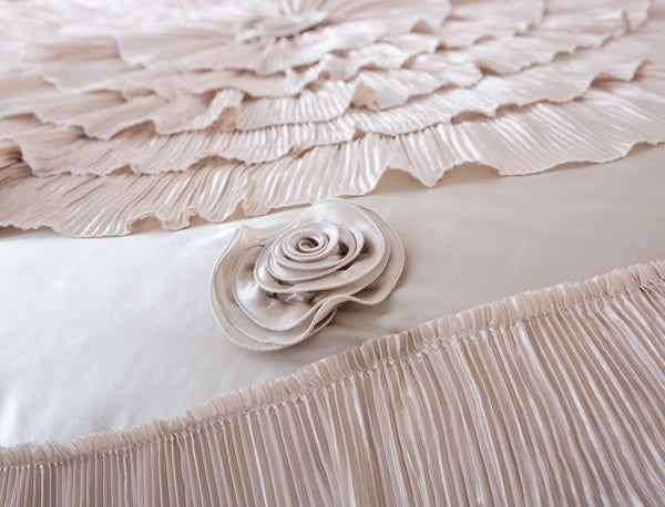 Tache Home Fashion Tache Satin Ruffle Luxury Floral Champagne Beige Frosted Field Comforter Set (MZ1051)