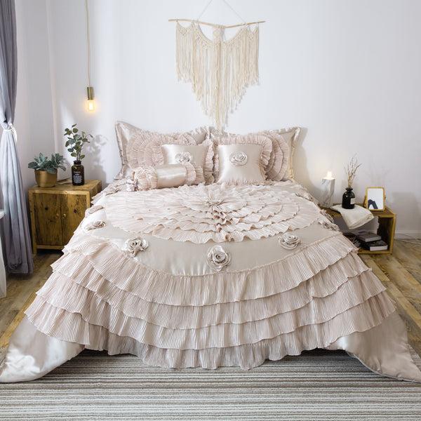 Tache Home Fashion Tache Satin Ruffle Luxury Floral Champagne Beige Frosted Field Comforter Set (MZ1051)