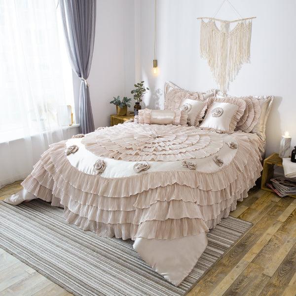 Tache Home Fashion Tache Satin Ruffle Luxury Floral Champagne Beige Frosted Field Comforter Set (MZ1051)