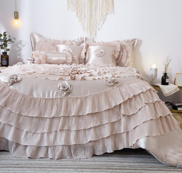 tache home fashion Tache Satin Ruffle Luxury Floral Champagne Beige Frosted Field Comforter Set (MZ1051)