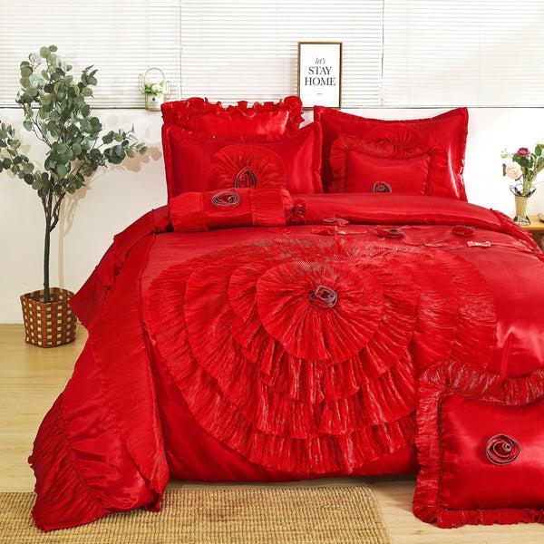 Tache Home Fashion Tache Satin Ruffle Victorian Glam Romantic Red Rose Comforter Set (HY4174)