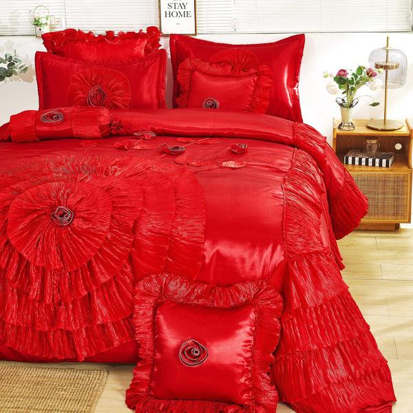 Tache Home Fashion Tache Satin Ruffle Victorian Glam Romantic Red Rose Comforter Set (HY4174)