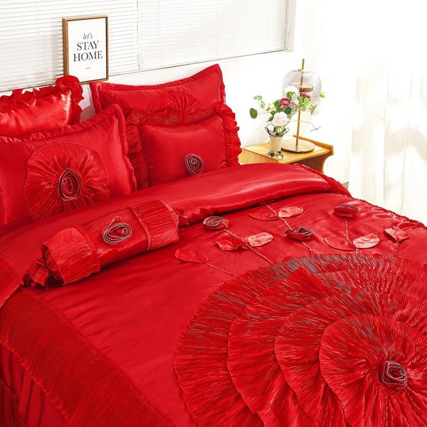 Tache Home Fashion Tache Satin Ruffle Victorian Glam Romantic Red Rose Comforter Set (HY4174)