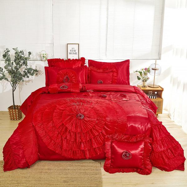tache home fashion Tache Satin Ruffle Victorian Glam Romantic Red Rose Comforter Set (HY4174)