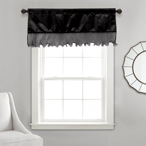 tache home fashion Tache Satin Ruffle Window Curtain Tailored Black 18x52" Valance (1622)
