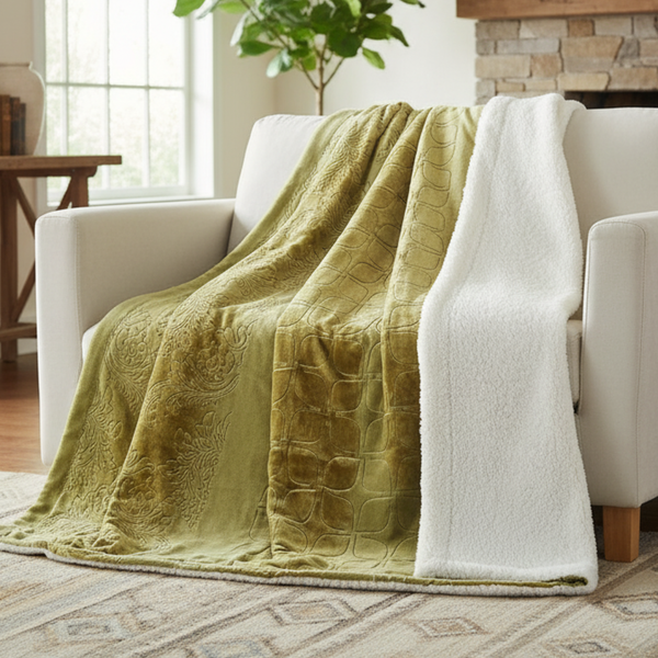 Tache Home Fashion Tache Solid Embossed Green Olive Chartreuse Sherpa Throw Blanket (62096)
