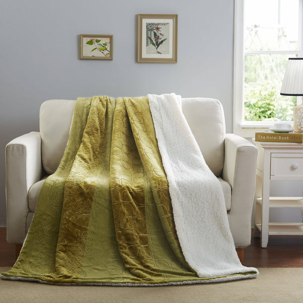 tache home fashion Tache Solid Embossed Green Olive Chartreuse Sherpa Throw Blanket (62096)