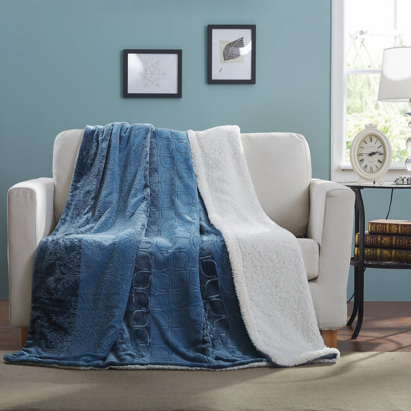 tache home fashion Tache Solid Embossed Rainy Day Grey Blue Sherpa Throw Blanket (62090)
