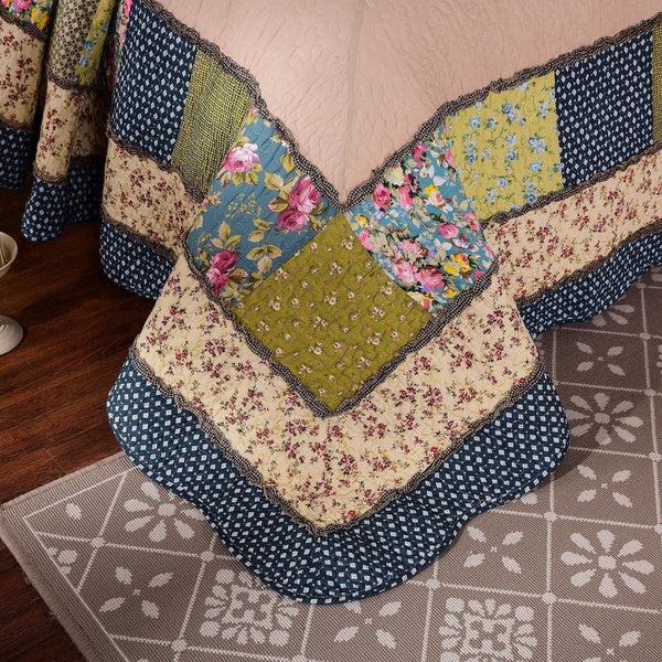 Tache Home Fashion Tache Spring Shower Olive Green Navy Blue Floral Scalloped Cotton Patchwork Quilt Set (DXJ10077)