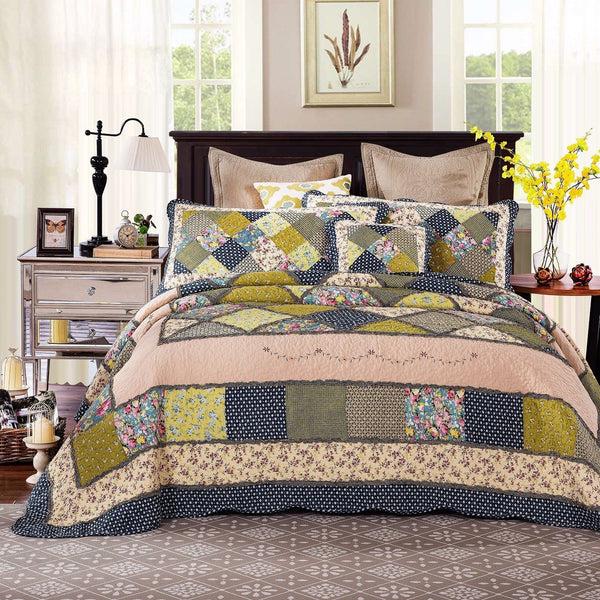tache home fashion Tache Spring Shower Olive Green Navy Blue Floral Scalloped Cotton Patchwork Quilt Set (DXJ10077)