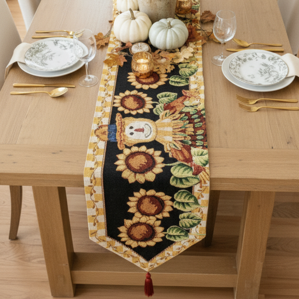 Tache Home Fashion Tache Sunflower Field Scarecrow Autumn Harvest Woven Tapestry Table Runners (11712TR)