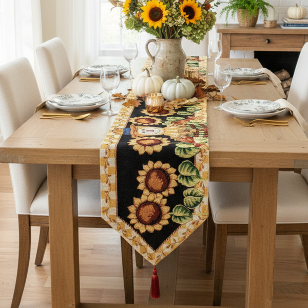 Tache Home Fashion Tache Sunflower Field Scarecrow Autumn Harvest Woven Tapestry Table Runners (11712TR)