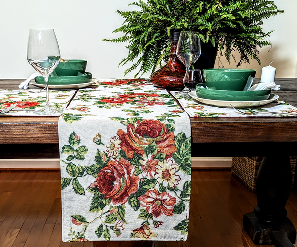 tache home fashion Tache Sweet Roses Vintage Ivory Woven Floral Tapestry Table Runners (17593TR)