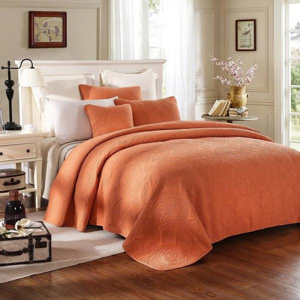 Tache Home Fashion Tache Tuscany Sunrise Medallion Orange Rustic Stone Washed Cotton Quilt Set (JHW-595)