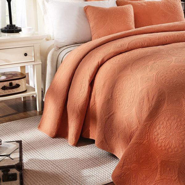 Tache Home Fashion Tache Tuscany Sunrise Medallion Orange Rustic Stone Washed Cotton Quilt Set (JHW-595)