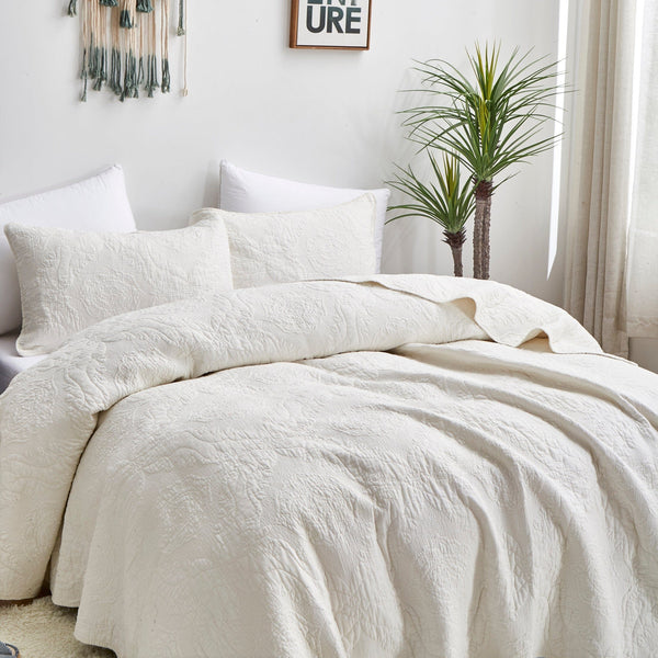 Tache Home Fashion Tache Vanilla Cream Ivory Paisley Damask Stitch Matelassé Cotton Quilt Set (JHW-643)