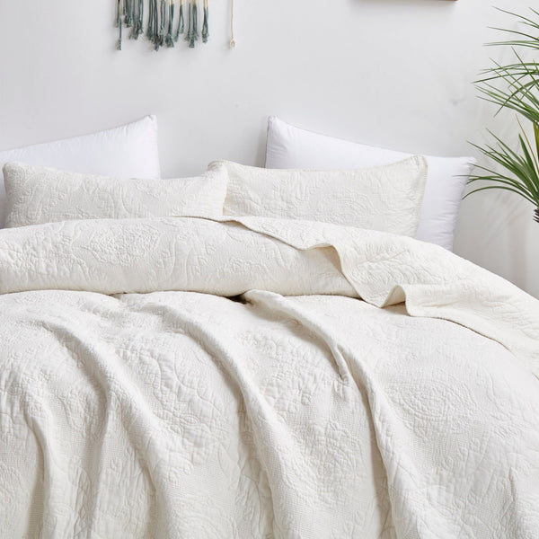 Tache Home Fashion Tache Vanilla Cream Ivory Paisley Damask Stitch Matelassé Cotton Quilt Set (JHW-643)