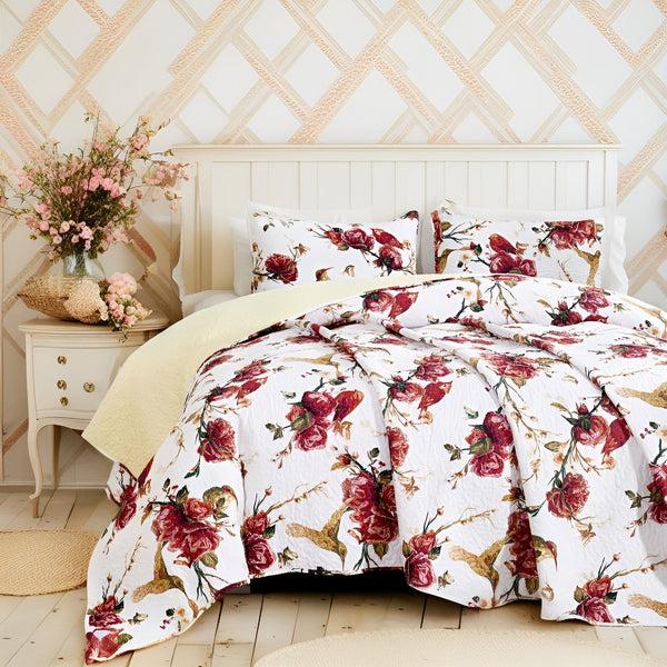 tache home fashion Tache Vintage Rose Garden Hummingbirds Burgundy White Reversible Floral Quilt Set (SD-7676)