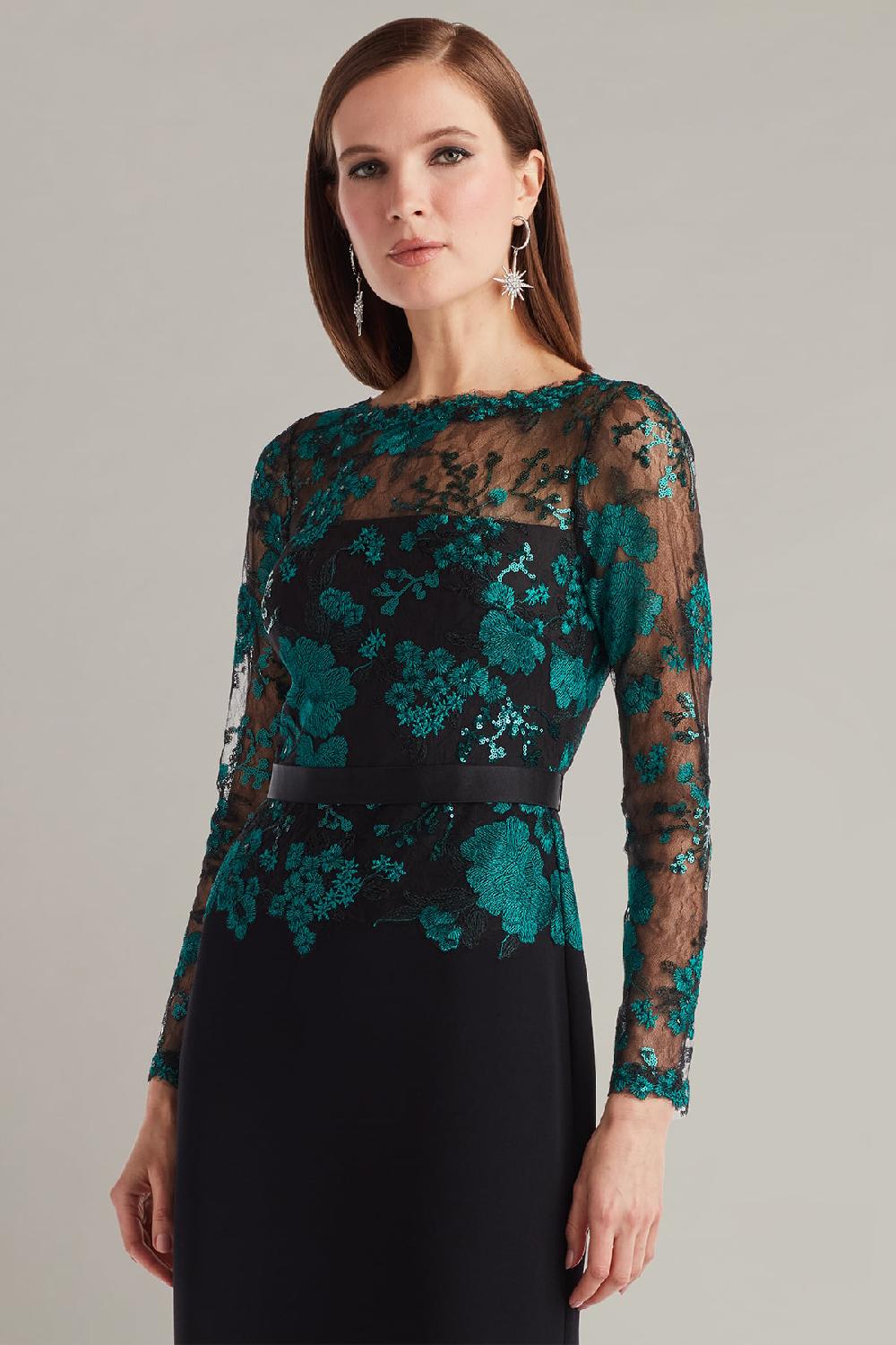 Tadashi Shoji Beacon Belted Embroidered Illusion Gown