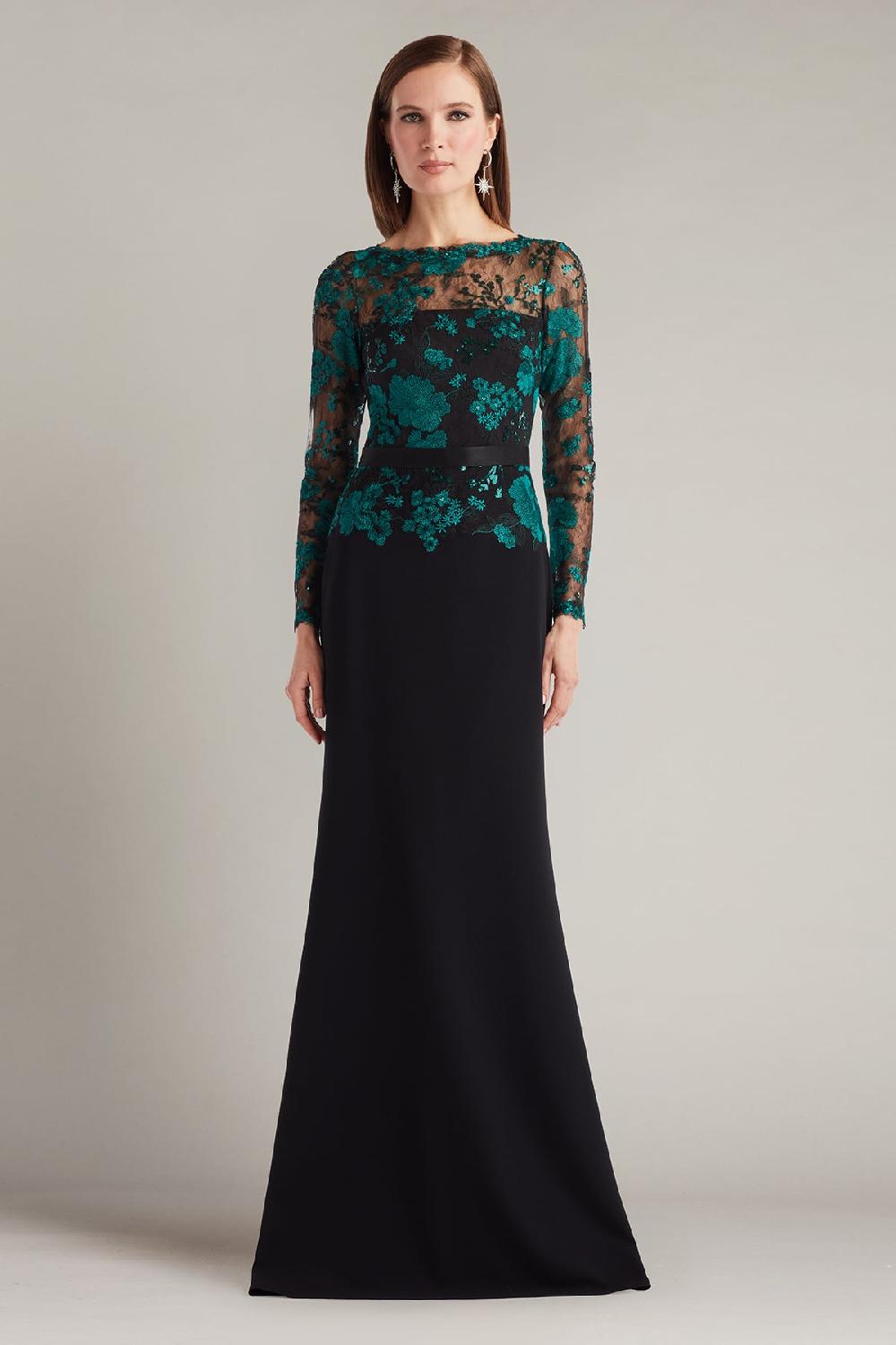 tadashi shoji Beacon Belted Embroidered Illusion Gown