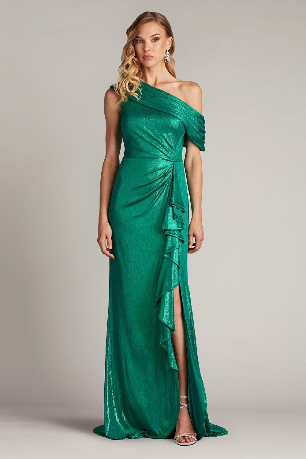 Tadashi Shoji Boise Metallic Waterfall Flounce Gown