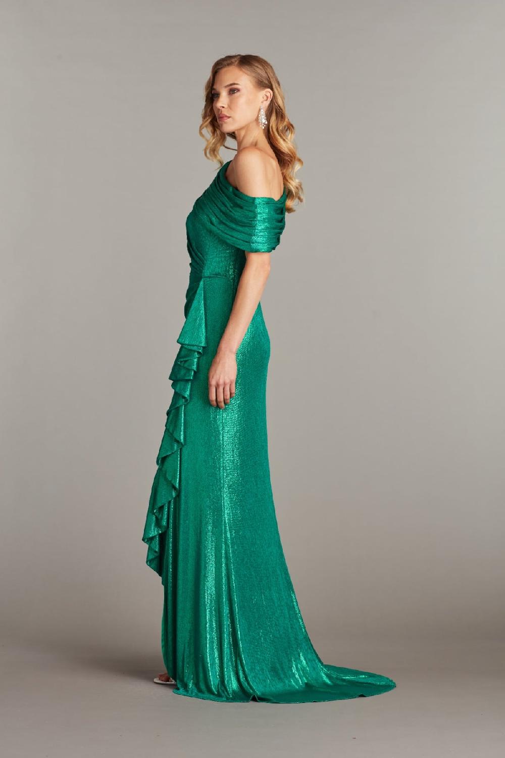 Tadashi Shoji Boise Metallic Waterfall Flounce Gown