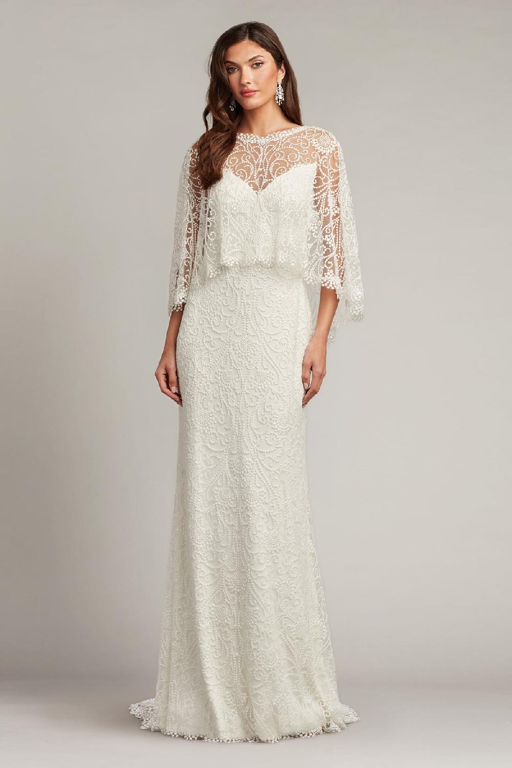 Tadashi Shoji Eagen Draped Overlay Embroidered Gown