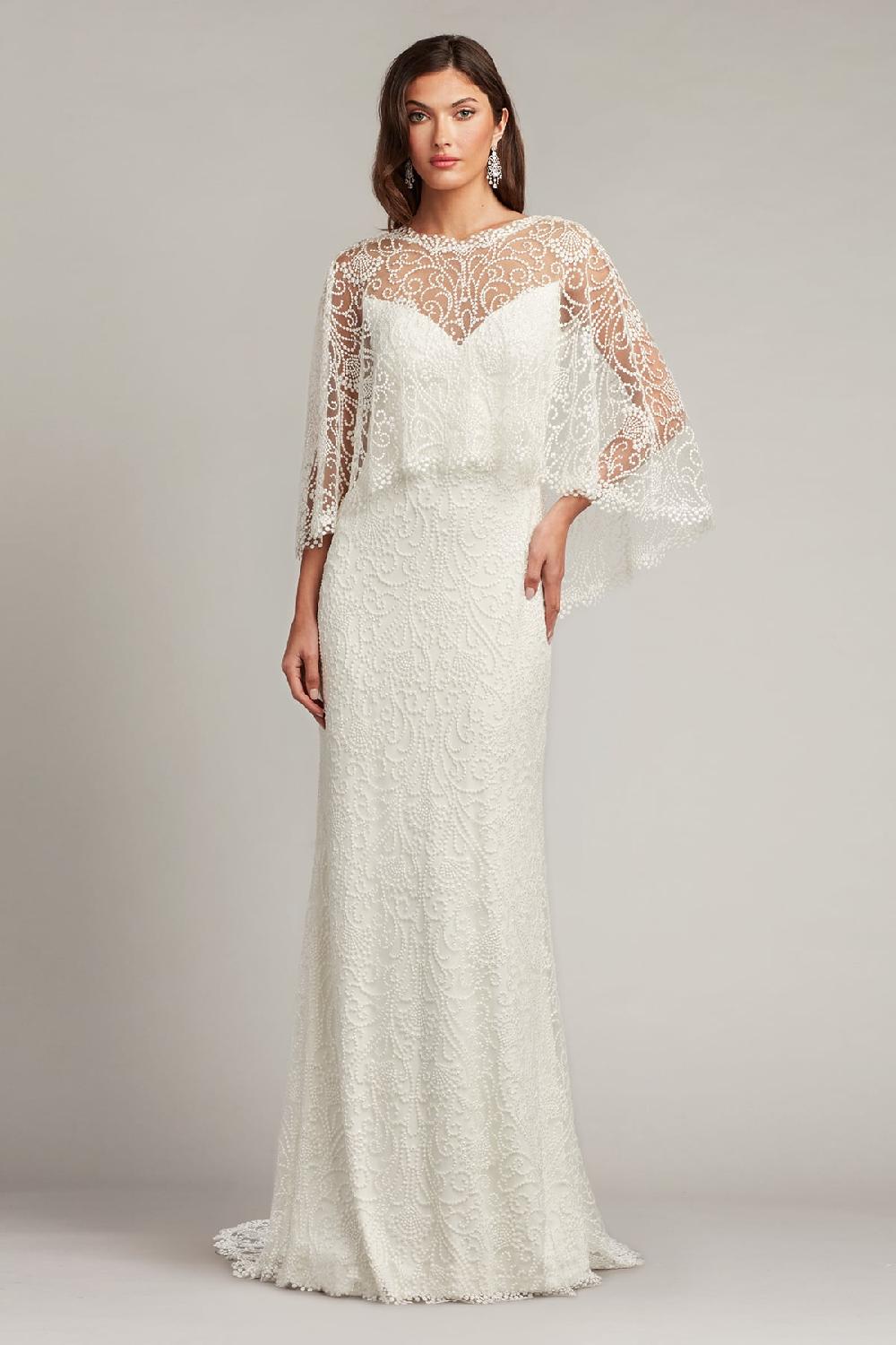 tadashi shoji Eagen Draped Overlay Embroidered Gown