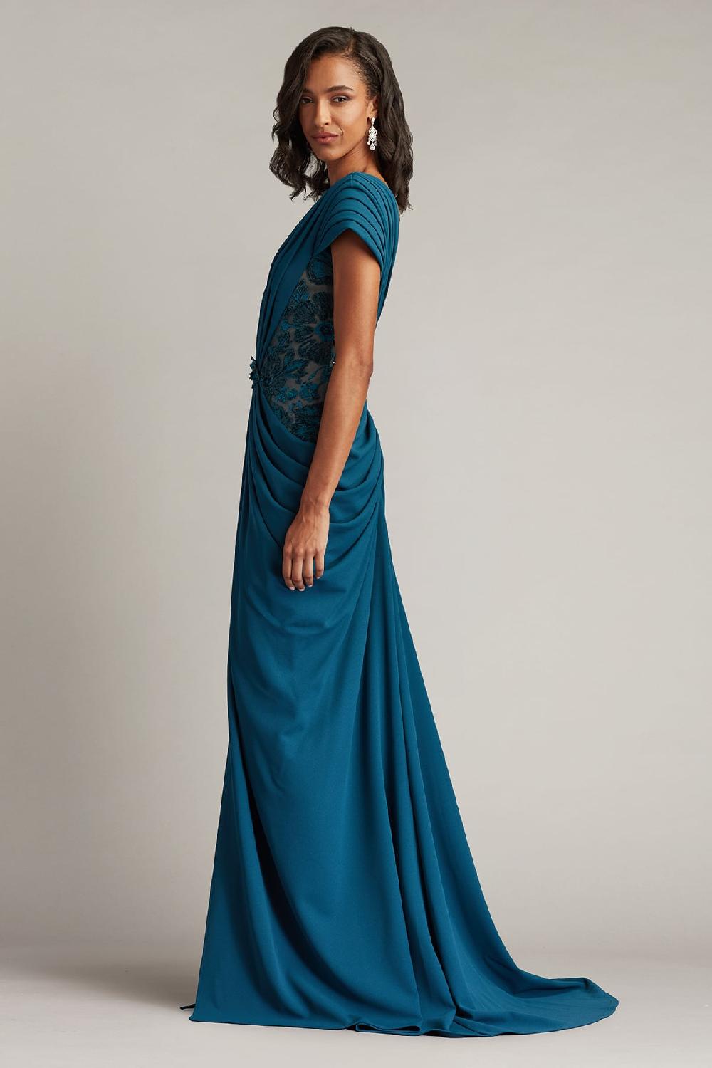 Tadashi Shoji Julina Draped Overlay Embroidered Gown