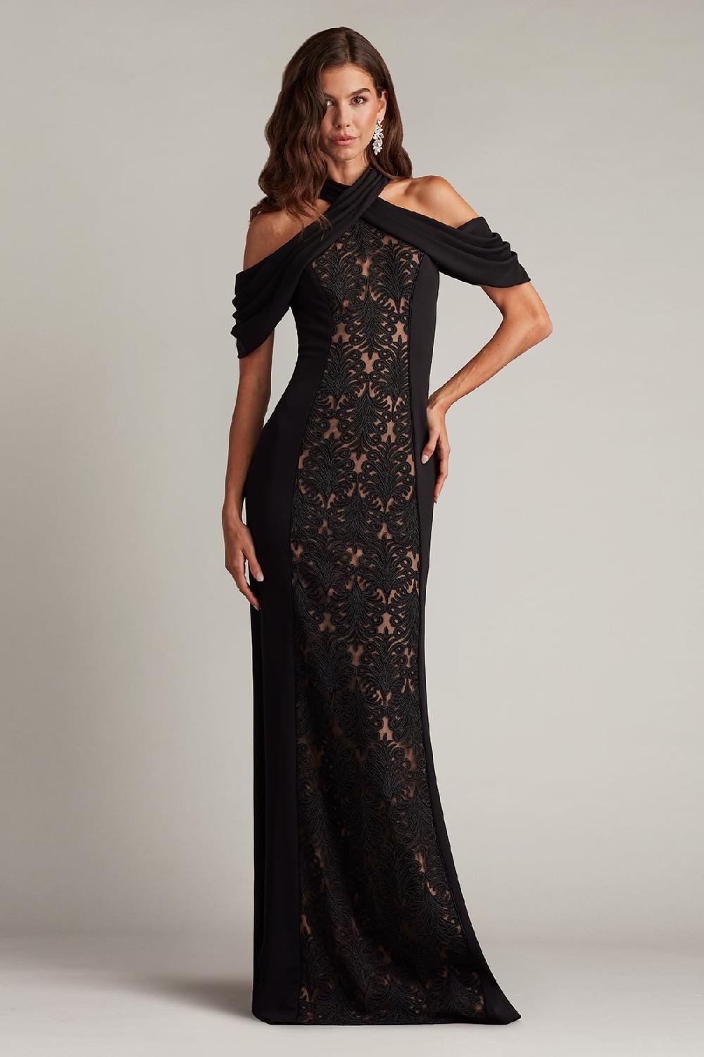 tadashi shoji Kato Embroidered Off-Shoulder Halter Gown