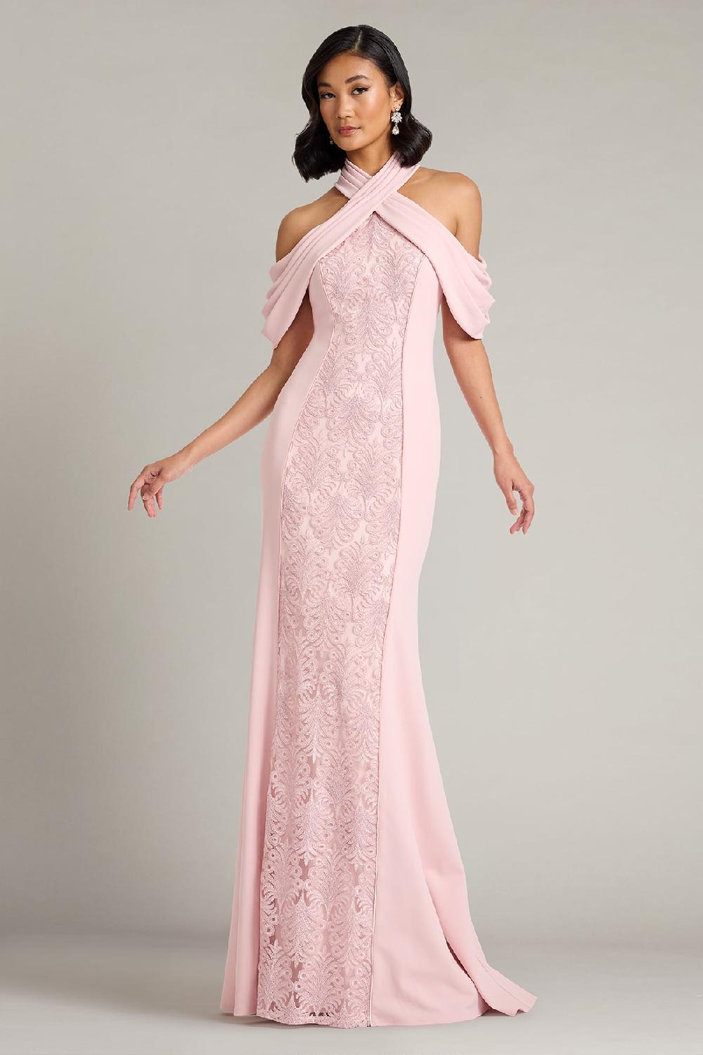 tadashi shoji Kato Embroidered Off-Shoulder Halter Gown