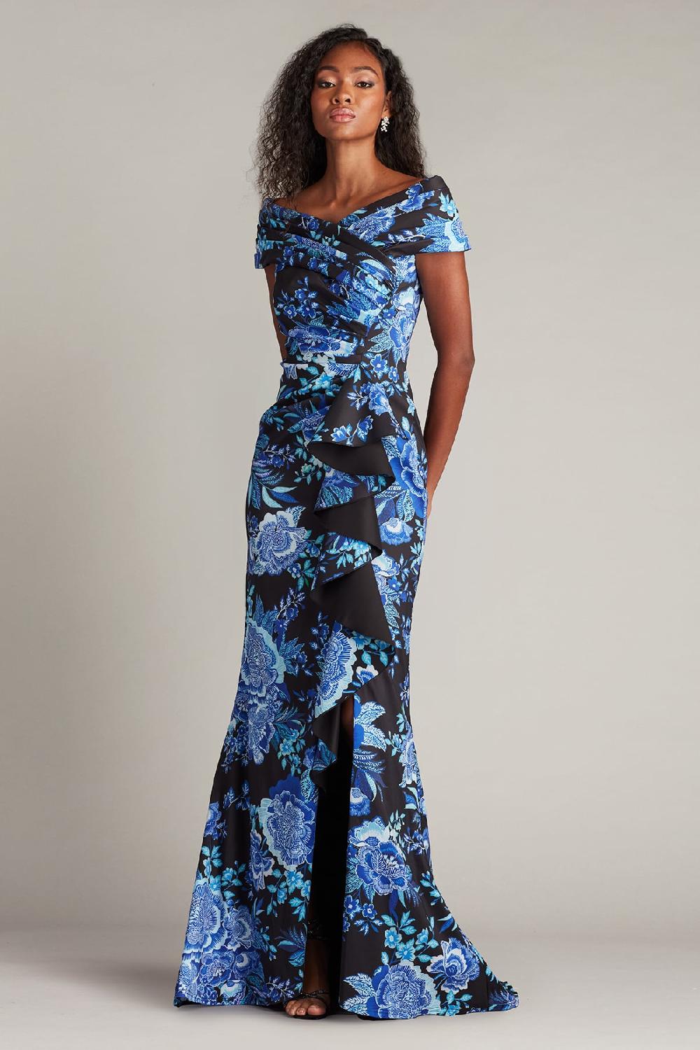 Tadashi Shoji Leticia Floral Waterfall Flounce Gown
