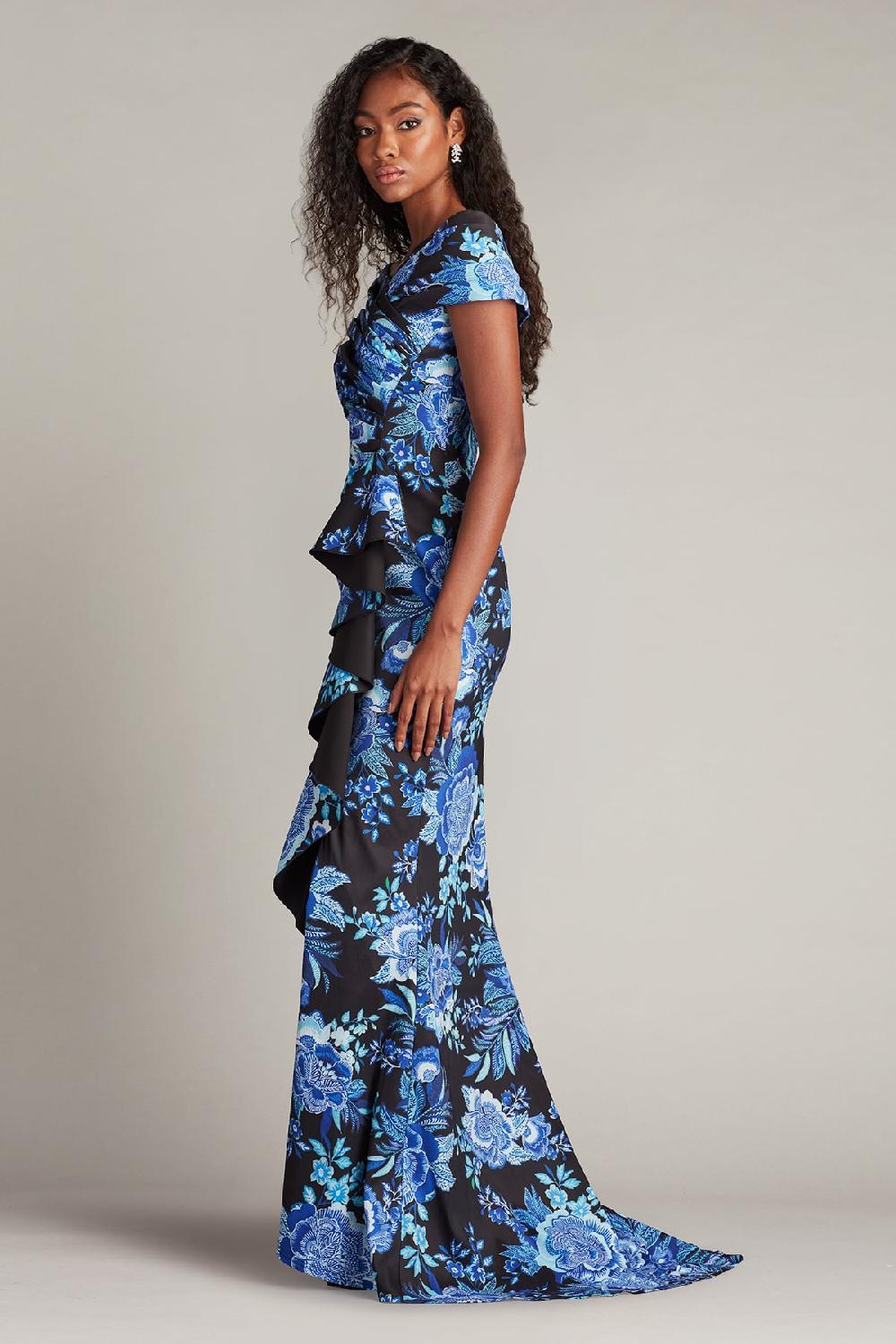 Tadashi Shoji Leticia Floral Waterfall Flounce Gown