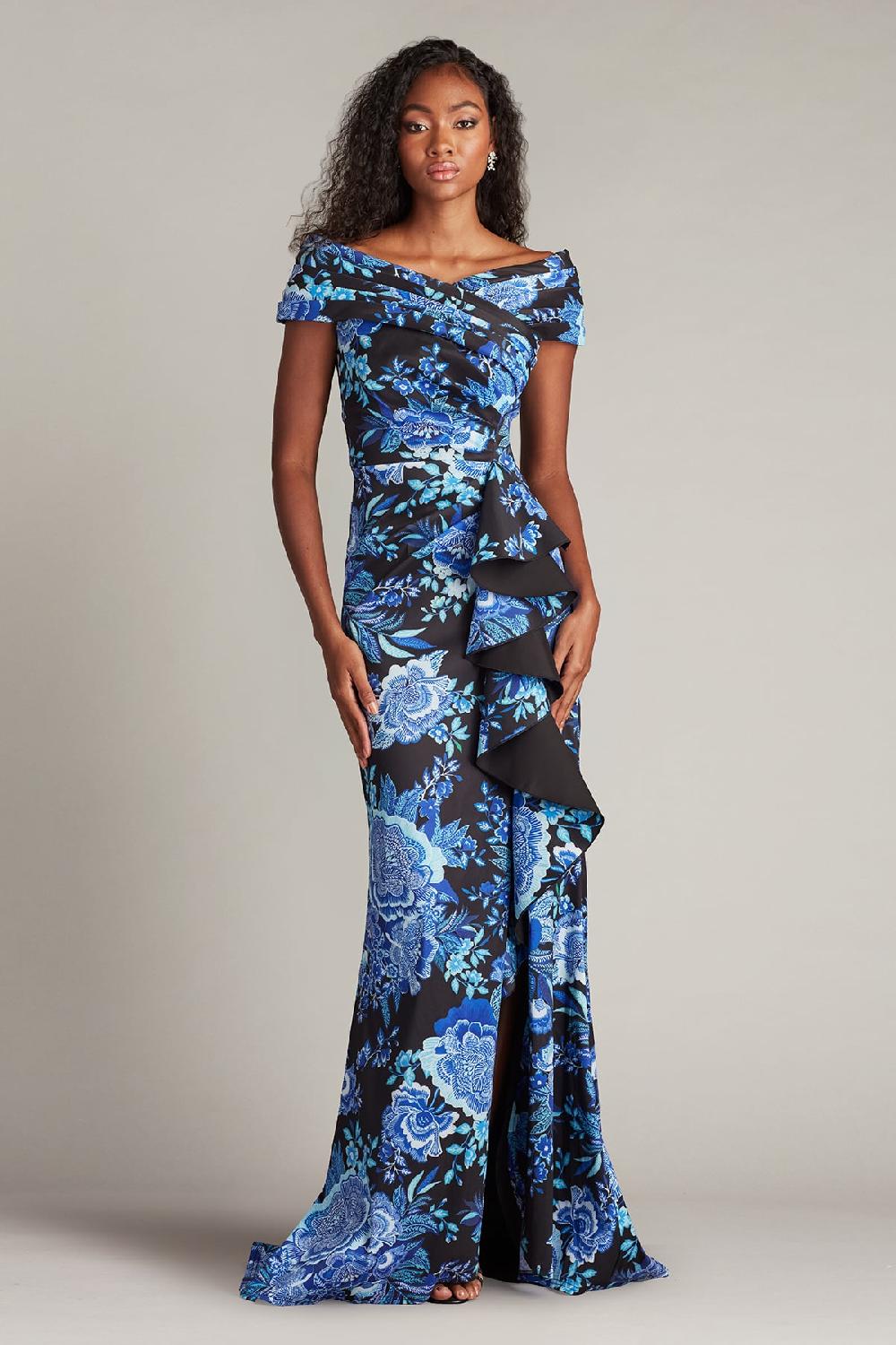 tadashi shoji Leticia Floral Waterfall Flounce Gown