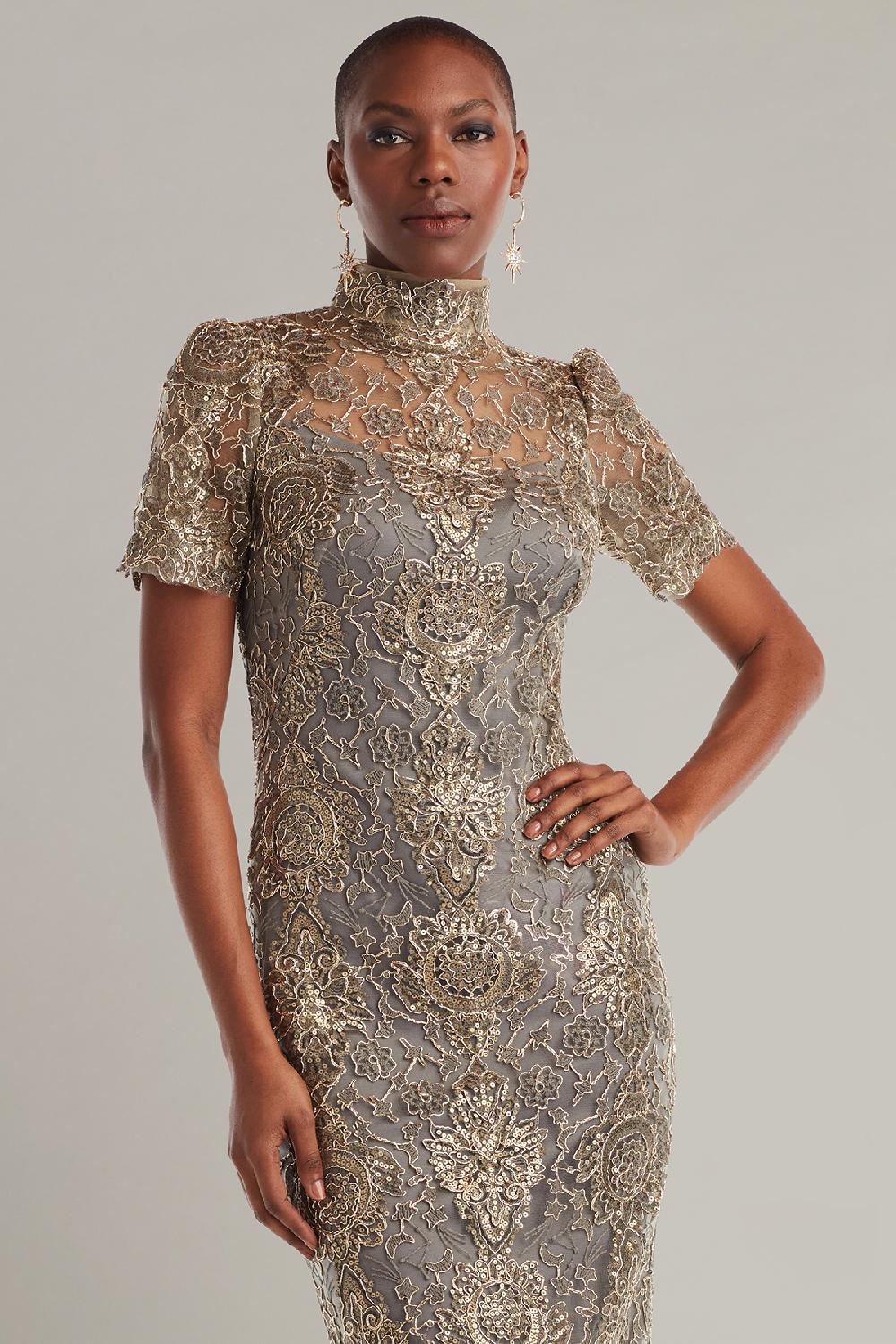 Tadashi Shoji Marise Sequin Embroidered Illusion Dress